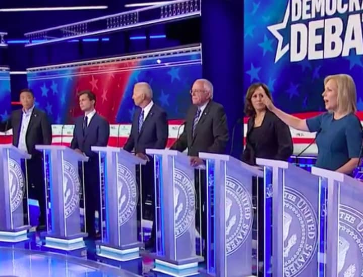 Sen. Kirsten Gillibrand of New York, far right, was among the candidates jostling for airtime Thursday during the second Democratic Party presidential debate.