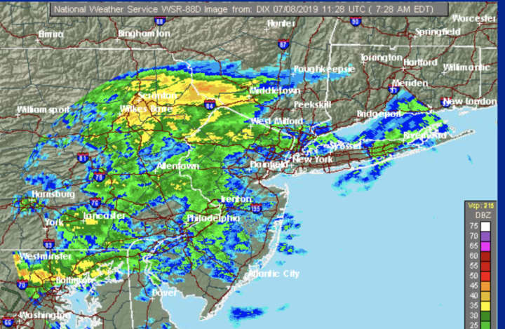 A radar image of the region at 7:30 a.m. Monday, July 8 showing the rain and showers moving through.