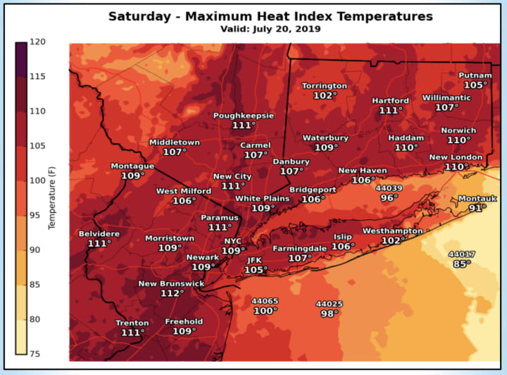 A look at projected maximum heat index temperatures for Saturday, July 20.