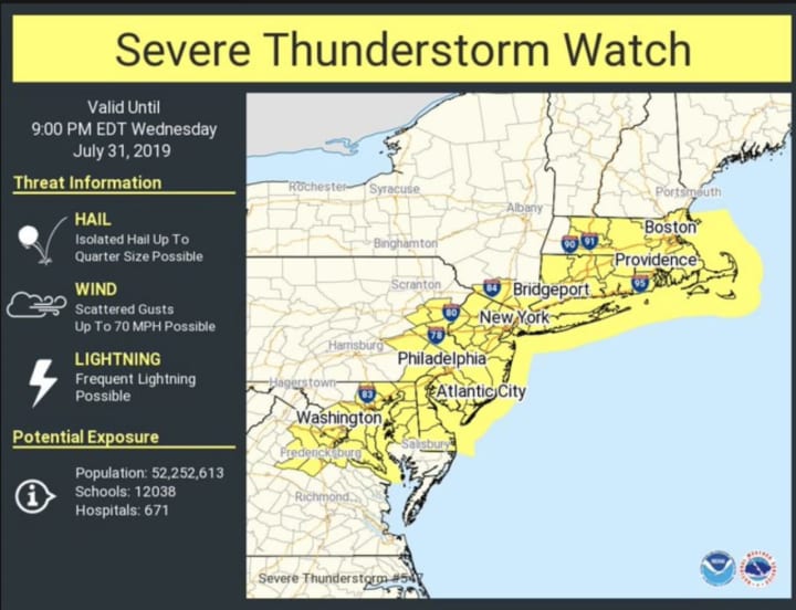 A Severe Thunderstorm Watch is in effect until 9 p.m. Wednesday, July 31.