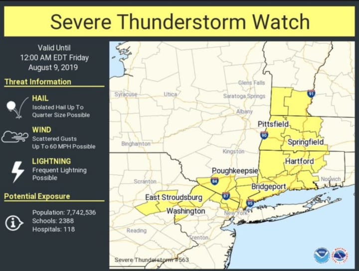 A Severe Thunderstorm Watch is in effect for the counties shown in yellow above.
