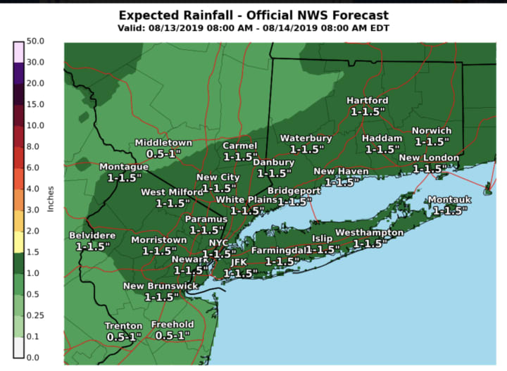 A look at projected rainfall amounts for Tuesday, Aug. 13. through Wednesday, Aug. 14.
