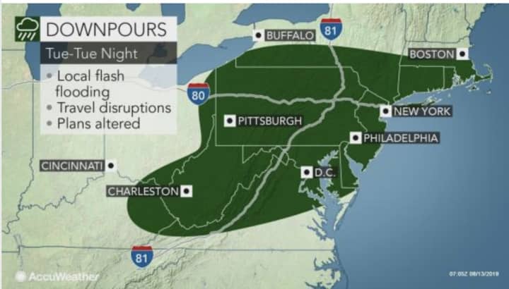 A few heavy downpours are expected at times during the day and evening on Tuesday, Aug. 13.