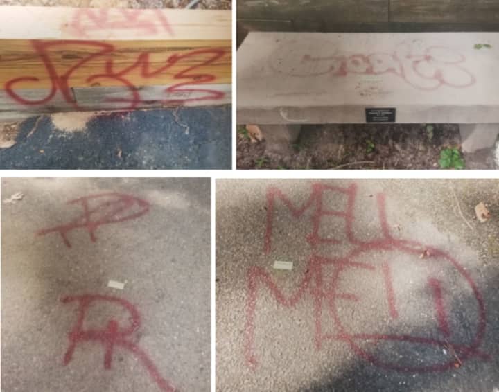 Police are looking for the individual(s) suspected of painting this series of symbols and letters on walls, benches and walkways at Shrine of Our Lady of the Island (258 Eastport Manor Road) sometime between Friday, Aug. 9 and Saturday, Aug. 10.