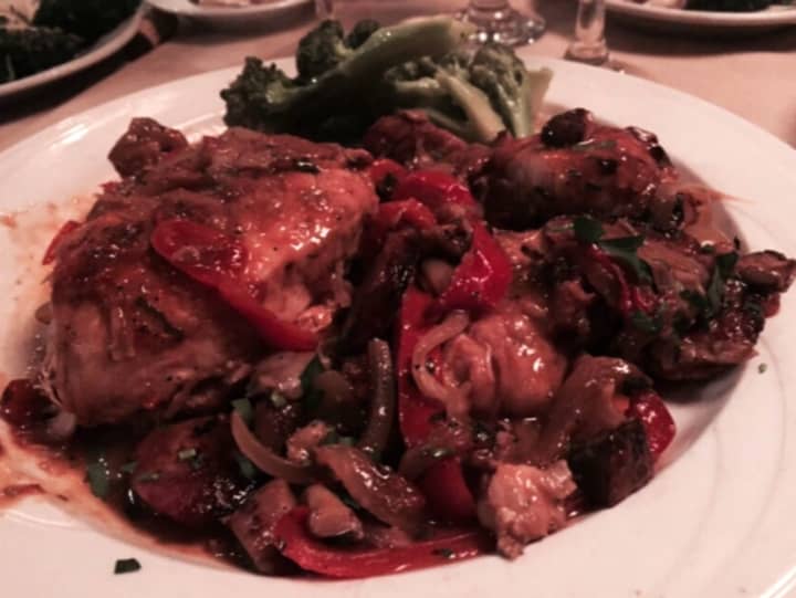 Chicken Scarpiello (Nuggets of chicken on the bone with sausage, sweet cherry peppers, roasted potatoes, garlic, rosemary and a touch of demi-glaze) from Casa Rustica, located at 175 W. Main Street in Smithtown.