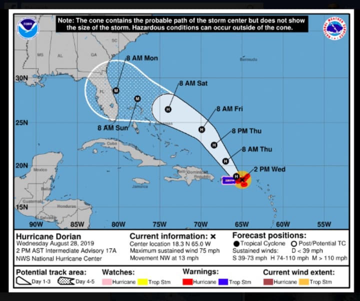 A look at the latest project track for Hurricane Dorian.