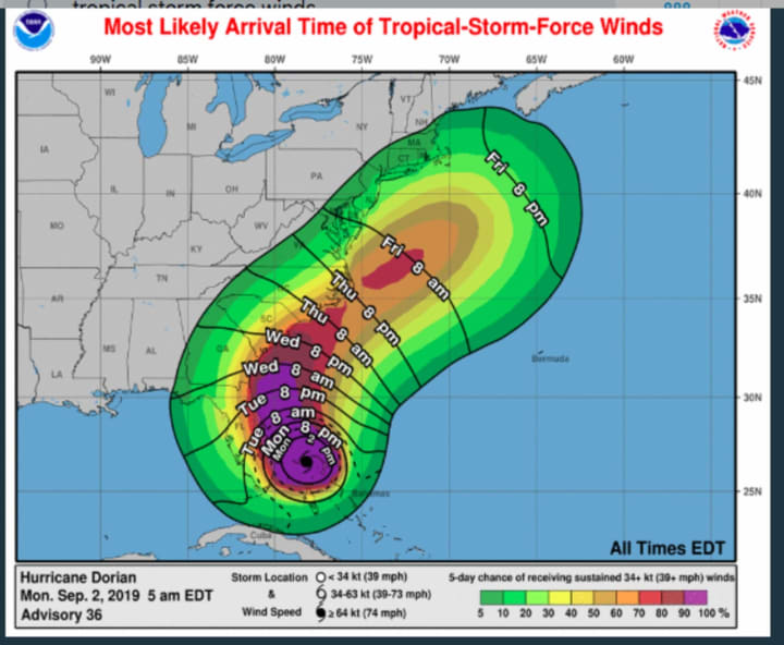 The New York metropolitan area could see Tropical Storm-force winds from Dorian on Friday, Sept. 6.