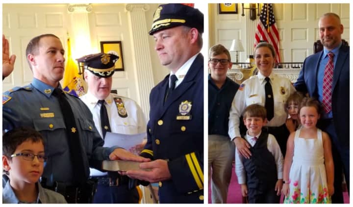 Lt. Rawa is sworn in, left, and Chief Zienowicz poses with her family at the promotion ceremony Tuesday in Morris County.