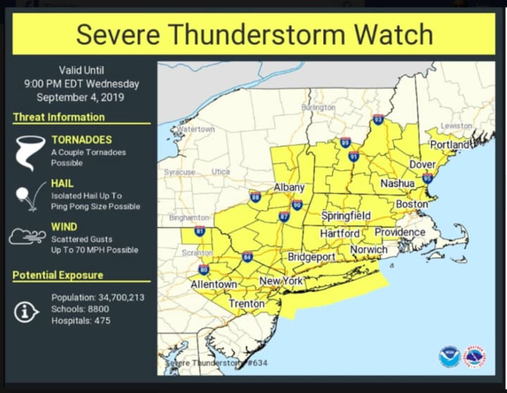 The Severe Thunderstorm Watch is in effect for the entire region until 9 p.m. Wednesday, Sept. 4.
