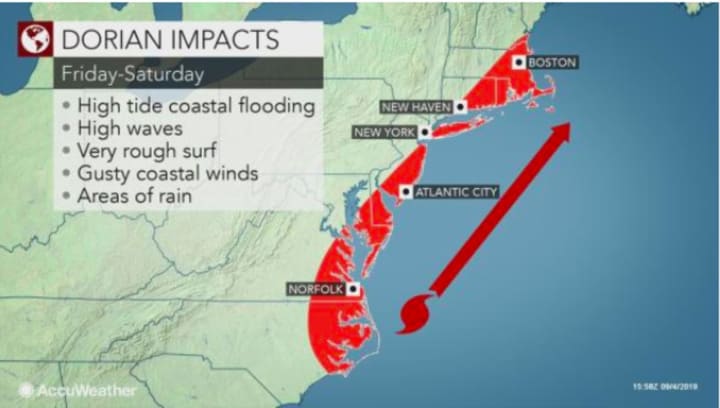 Dorian will bring rain, gusty winds, coastal flooding, high tide, rough surf and high waves to the areas shown above.