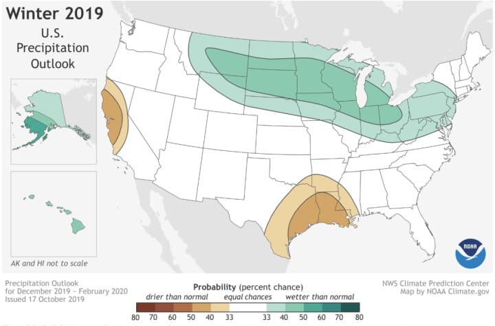 This 2019-20 Winter Outlook map for precipitation shows wetter-than-average weather is most likely across the Northern Tier of the United States this coming winter.