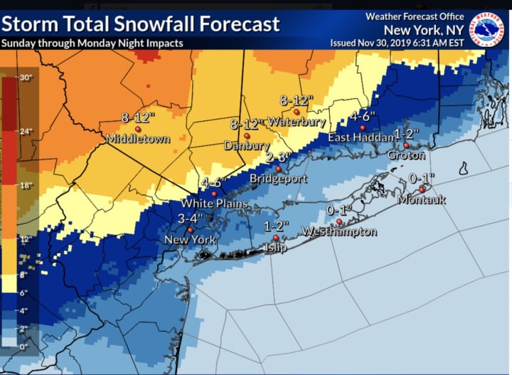Here are the latest snowfall projections from Sunday, Dec. 1 to Monday, Dec. 2 by the National Weather Service.