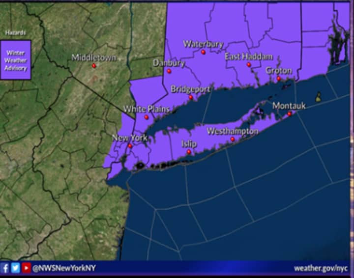 A look at counties (in purple) where Winter Weather Advisories are in effect.