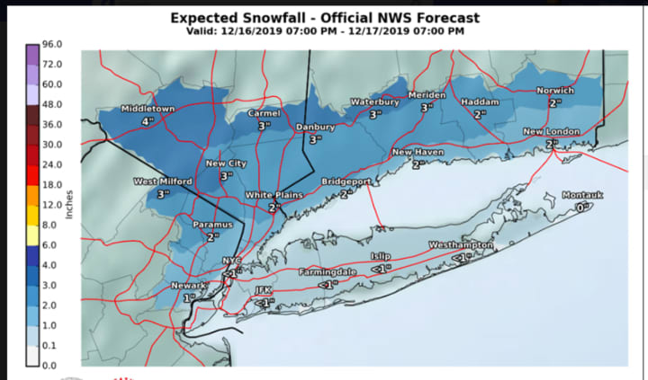 Projected snowfall totals released late Monday afternoon, Dec. 16 by the National Weather Service.