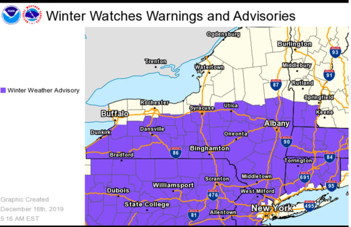 A look at counties (in purple) where Winter Weather Advisories are in effect from 6 p.m. Monday, Dec. 16 until 6 p.m. Tuesday, Dec. 17.