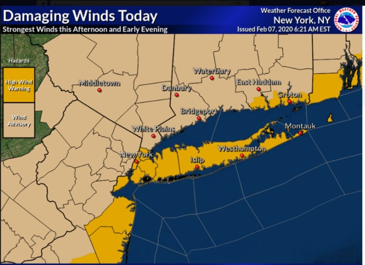 Wind Advisories have been issued for most of the region with High Wind Warnings in effect for New York City and Long Island.