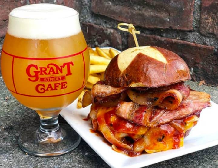 Grant Street Cafe&#x27;s Hansel and Grant Street Burger with a Grimm &quot;City Vision&quot; Double IPA.