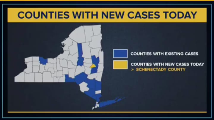 A map of counties with existing cases (in blue).