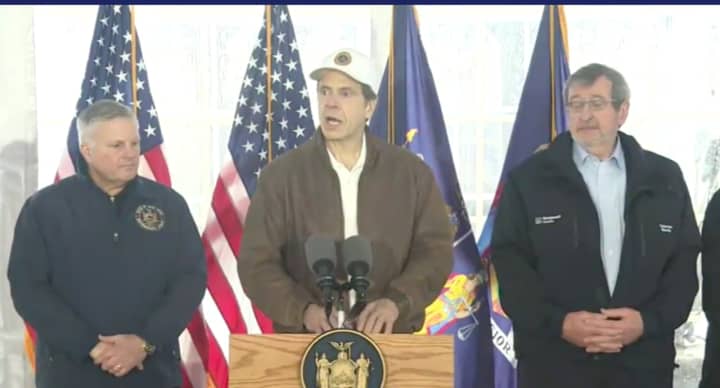 New York Gov. Andrew Cuomo announcing the opening of the state&#x27;s first mobile testing center in New Rochelle on Friday, March 13.