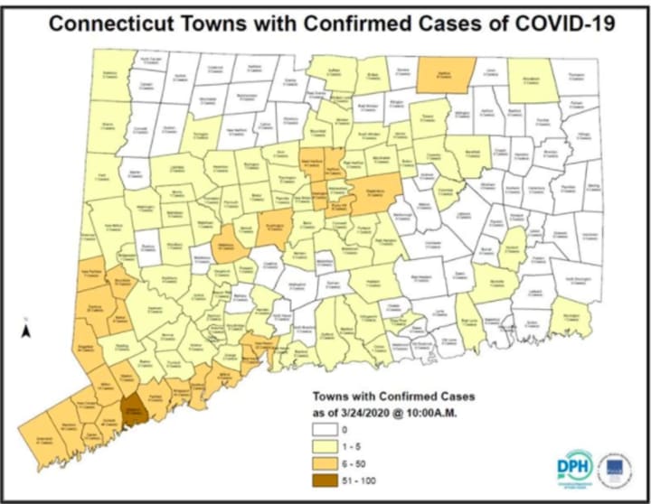 A look at a map of the cases in Connecticut by County.