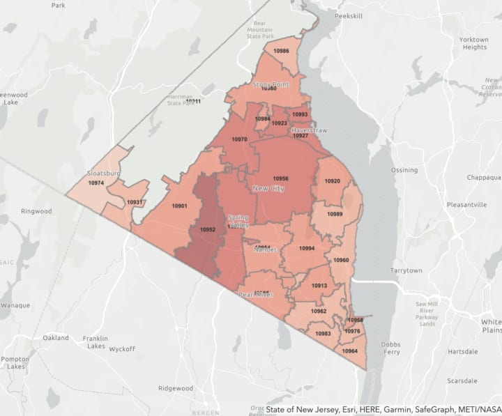 The latest map showing the number of cases of COVID-19 in Rockland County. The darker zones have more cases.