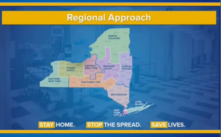 A map showing New York&#x27;s regions for reopening, with upstate and western areas expected to reopen first.