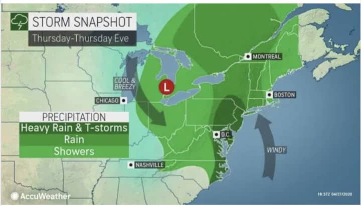 A look at the storm system that will bring heavy rain and thunderstorms to much of the region on Thursday, April 30.