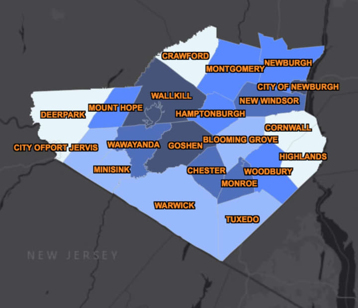 The Orange County COVID-19 map on Monday, May 11 (the darker regions represent the most cases).