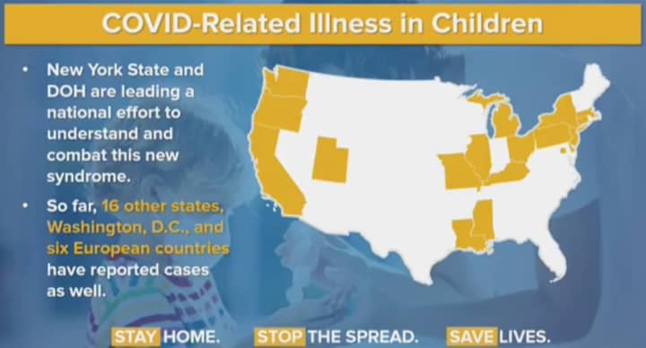More children in New York are coming down with a COVID-19-related illness. It&#x27;s now been reported in the 16 states shown in orange.