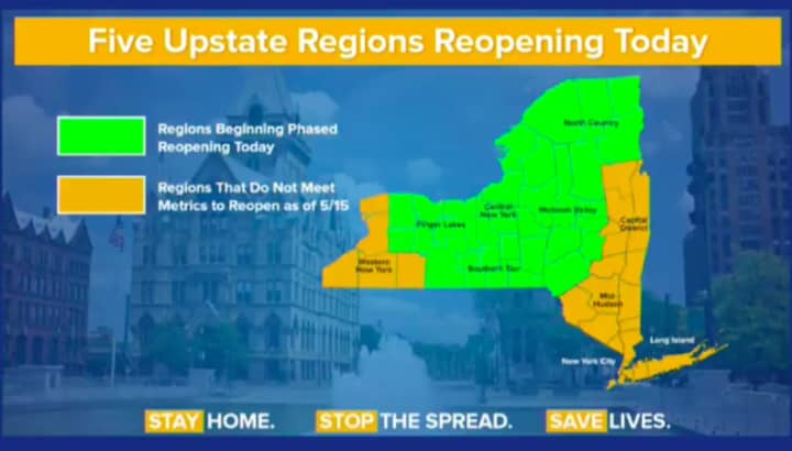 Five of New York&#x27;s 10 regions, (shown in orange), including New York City, Long Island and the Hudson Valley, will stay on pause at least two more weeks.