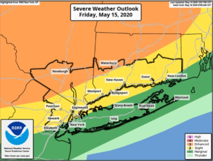 The highest threat for severe storms is areas farther north and inland (shown here in orange).