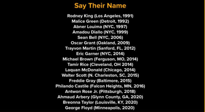 &quot;Say Their Name&quot; refers to victims of police-related incidents, including those shown here.