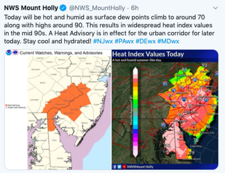 The National Weather Service in Mount Holly issued a heat advisory for Burlington and Mercer counties.