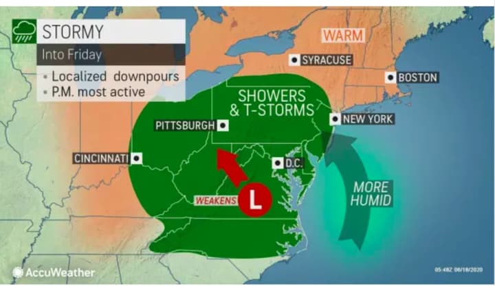 Showers and thunderstorms will move up from the south on Friday, June 19.