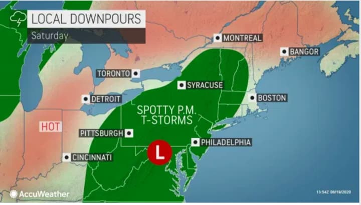 Downpours and isolated thunderstorms will move up from the south on Saturday, June 20.