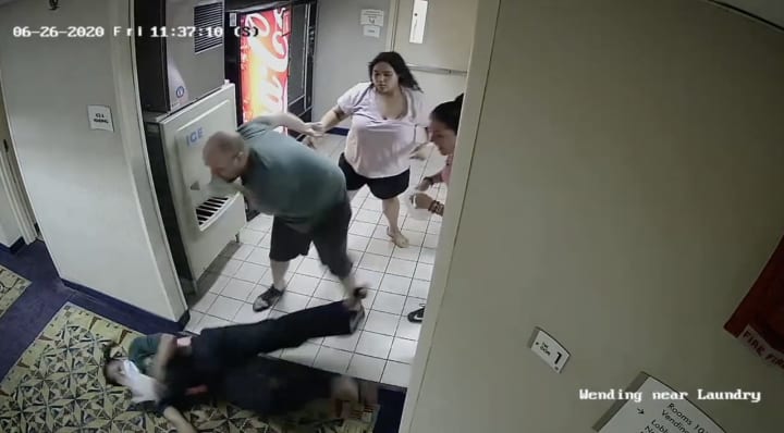 A screenshot of Philip Sarner and Emily Orbay assaulting a woman in a Connecticut hotel in video released by their victim&#x27;s lawyer.