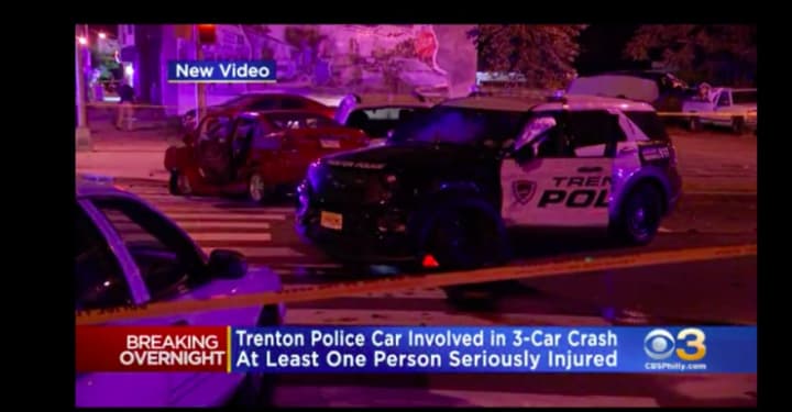 A Trenton patrol car was among three vehicles heavily damaged after a chase involving a stolen sedan ended in a collision early Wednesday. (CBS-3 Philly)