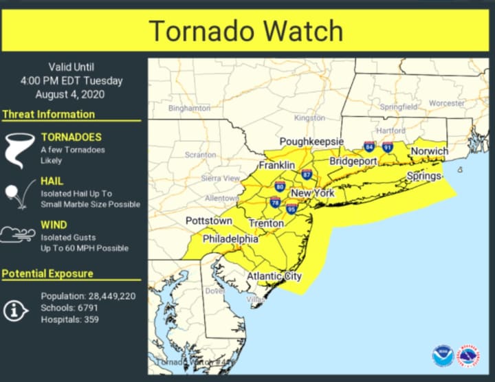 A look at areas (in yellow) covered by the Tornado Watch.