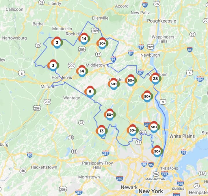 The Orange &amp; Rockland outage map as of 3:10 p.m. on Tuesday, Aug. 4.