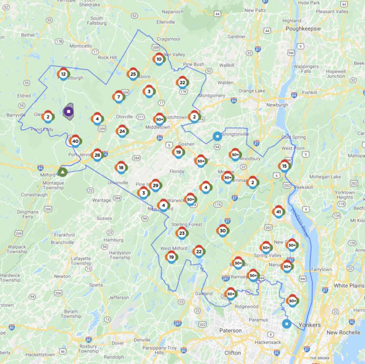 The Orange &amp; Rockland outage map as of 10:25 a.m. on Wednesday, Aug. 5.