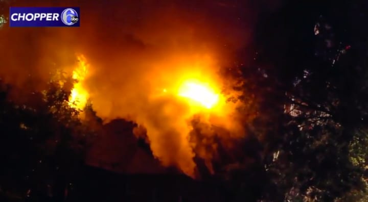 Aerial view of a three-alarm house fire in Trenton. (Courtesy Chopper 6 ABC News)