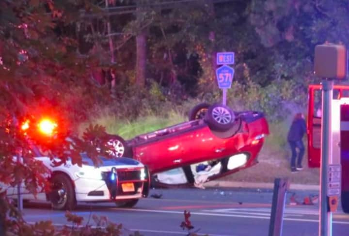 A Pathfinder flipped after being cut off by a DUI driver from Manchester, police said. (Photo courtesy of Ocean County Scanner News)