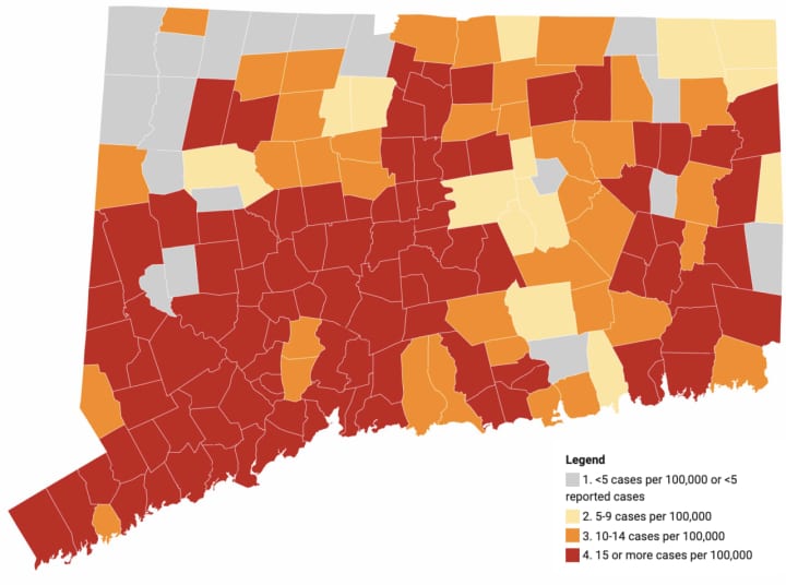The number of &quot;red alert&quot; communities in Connecticut has risen to 100.