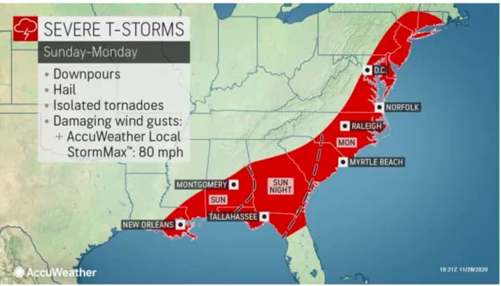 The storm system will be accompanied by downpours, hail, isolated tornadoes, and damaging wind gusts.