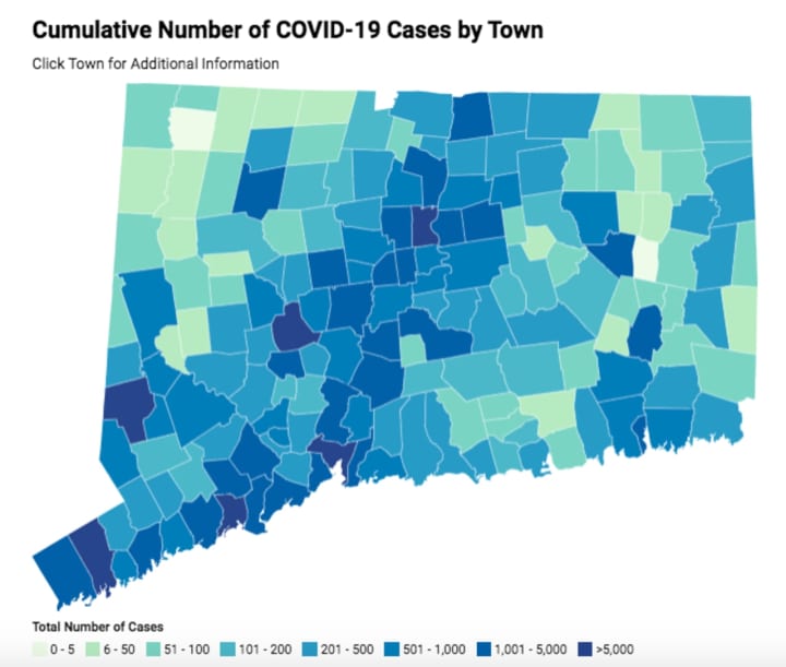 A look at COVID cases by community in Connecticut.