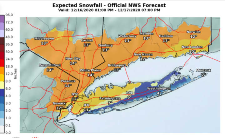 A look at projected snowfall totals south of I-84 in New York and Connecticut.