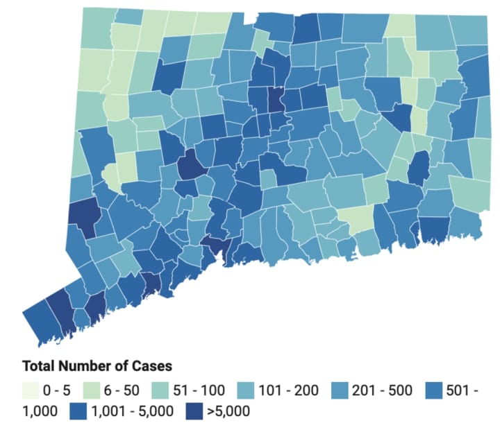 This map shows the distribution of COVID-19 cases, deaths, and tests since the beginning of the pandemic. Darker colors indicate towns with more cases.