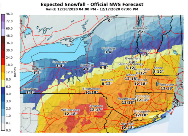 A look at projected snowfall totals released on Wednesday morning, Dec. 16 by the National Weather Service.