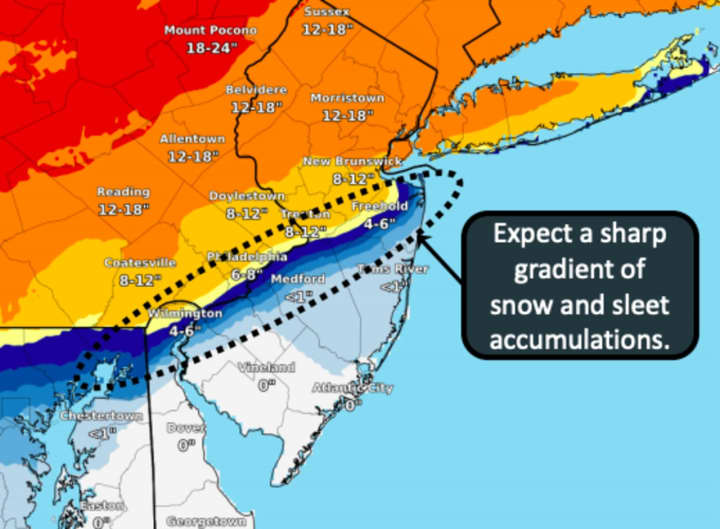 Six inches of snow and sleet is possible in Central Jersey with 12 to 18 inches of snow likely in North Jersey and Eastern Pennsylvania.