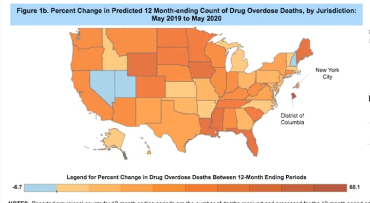 A look at states seeing increases in drug overdose deaths from May 2019 to May 2020 (in shades of orange) with just three states seeing decreases (light blue).